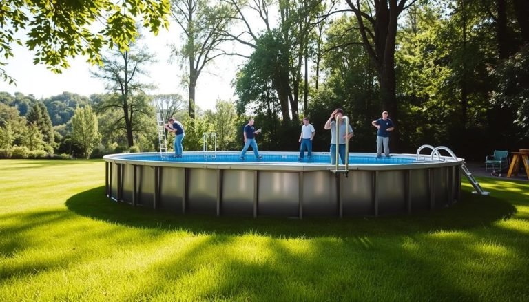 Men are working diligently on the installation of an above ground pool installation process in a residential backyard.