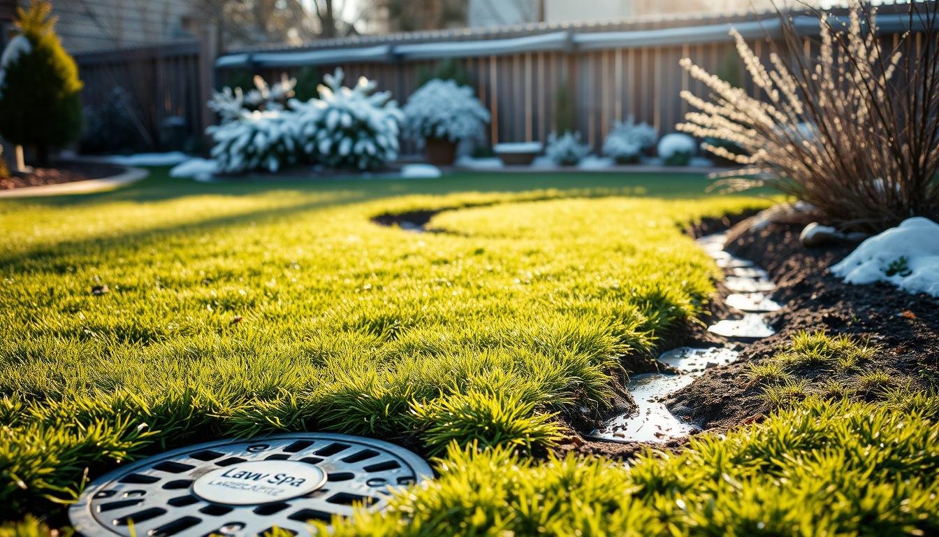 A green lawn featuring a central drain, illustrating a common drainage solution for residential yards.