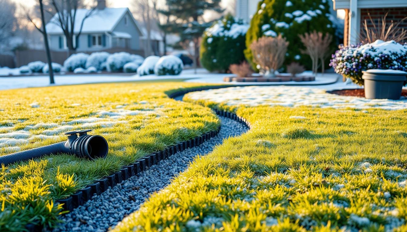 A grassy yard with a drainage pipe and a layer of snow covering the ground, indicating winter conditions.