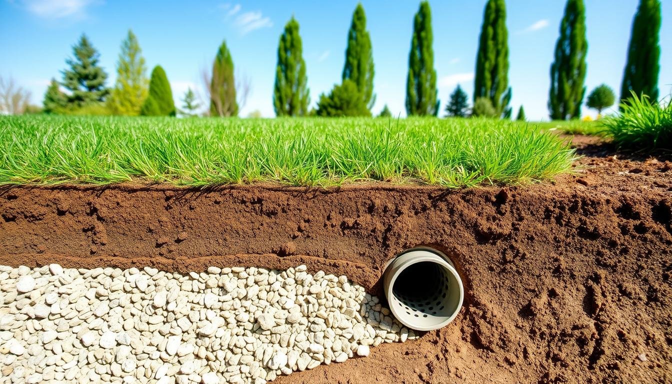 A hole in the ground filled with gravel and grass, designed for lawn drainage purposes.