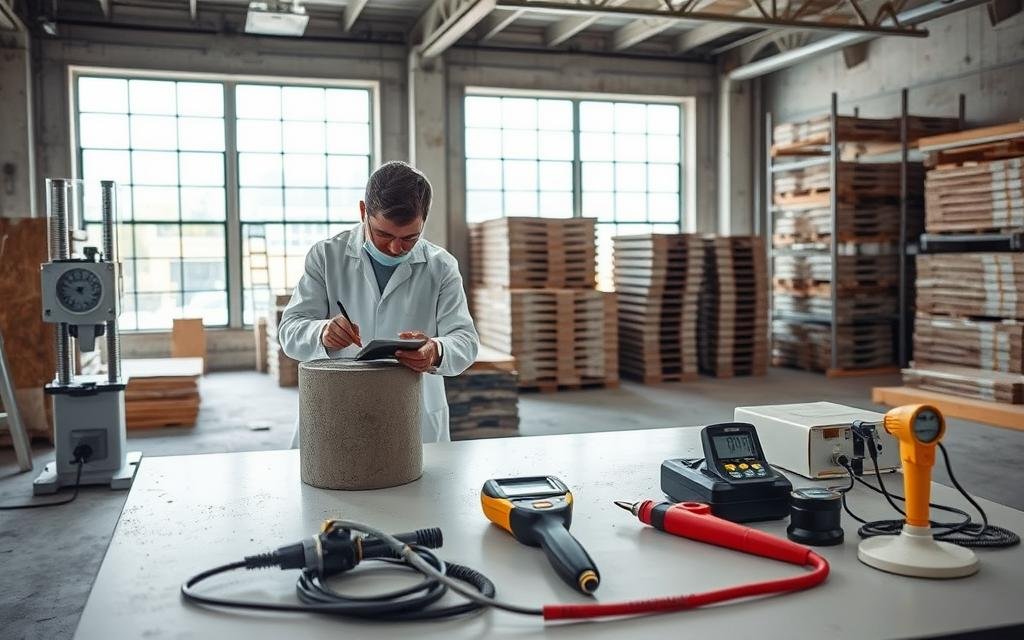 A detailed scene depicting concrete strength testing methods in a construction environment. In the foreground, a scientist in a lab coat is using a compression testing machine to test a concrete cylinder, focusing intently on the gauge. The middle ground features various tools such as a concrete slump test apparatus and moisture meters on a clean, organized workbench to illustrate different measurement methods. In the background, large windows illuminate the space with natural light, revealing construction materials stacked neatly, emphasizing the technical aspect of concrete work. The atmosphere is professional and focused, with a slight industrial feel, showcasing the importance of measuring concrete strength for drying processes. Showcase "Lawn Spa Landscaping" subtly in the tools or workspace.