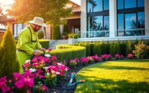 Gardener tending vibrant flower beds. Landscaping