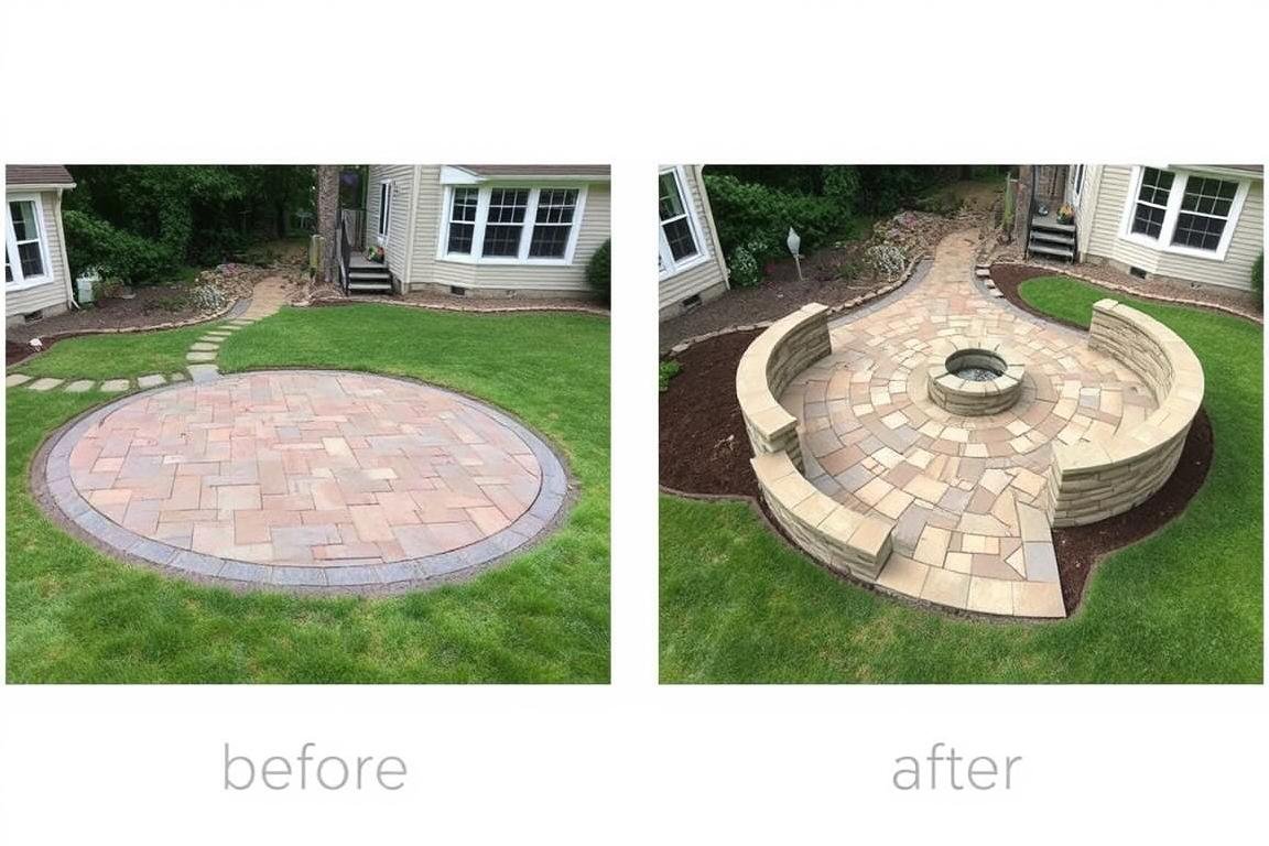 Before and after images of a masonry services patio featuring a newly added fire pit, showcasing a transformed outdoor space.