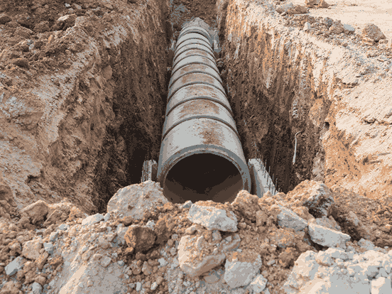 A drainage pipe positioned in the center of a dirt road, surrounded by loose soil and gravel.