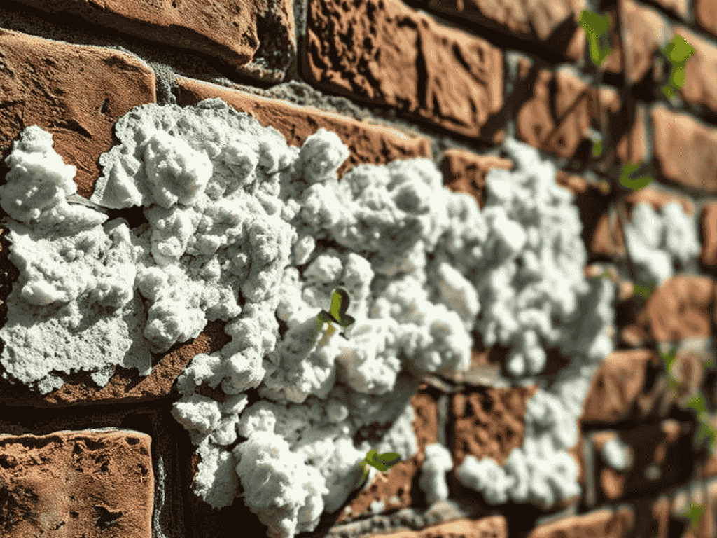 A textured brick wall partially covered in white paint, showcasing the masonry beneath.