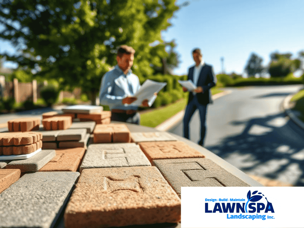 Two men pose in front of a brick patio featuring pavers, showcasing a well-maintained outdoor space.