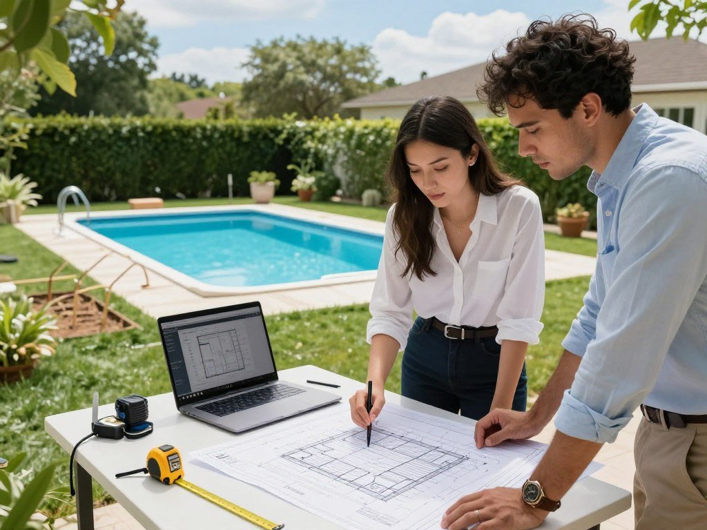 A bright and serene outdoor setting showcasing a professional planning session for an above-ground pool installation. In the foreground, a diverse team of two individuals—one woman in a smart-casual outfit and one man in a professional attire—concentrate on a detailed blueprint of a pool layout spread on a table. The middle ground features an array of tools like measuring tapes and a laptop displaying pool design software, highlighting the technical aspects of planning. In the background, a well-maintained yard with an area staked out for the pool, surrounded by lush greenery and a clear blue sky. Soft, natural lighting enhances the mood of collaboration and enthusiasm in this project atmosphere, captured from a slightly elevated angle to provide depth and context.