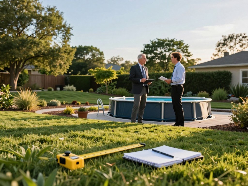 A serene backyard setting during the golden hour, showcasing a professional landscape expert in business attire examining a potential site for an above ground pool installation. In the foreground, a well-manicured lawn with measuring tools and a notebook is visible, reflecting careful site evaluation. The middle ground features a gently sloping area where the expert interacts with a landscape architect, both engaged in discussion about site preparation. In the background, lush trees and a clear blue sky provide a tranquil atmosphere, while the light casts warm tones, indicating a late afternoon. The focus is sharp on the experts while the background is softly blurred, evoking a sense of professionalism and planning.