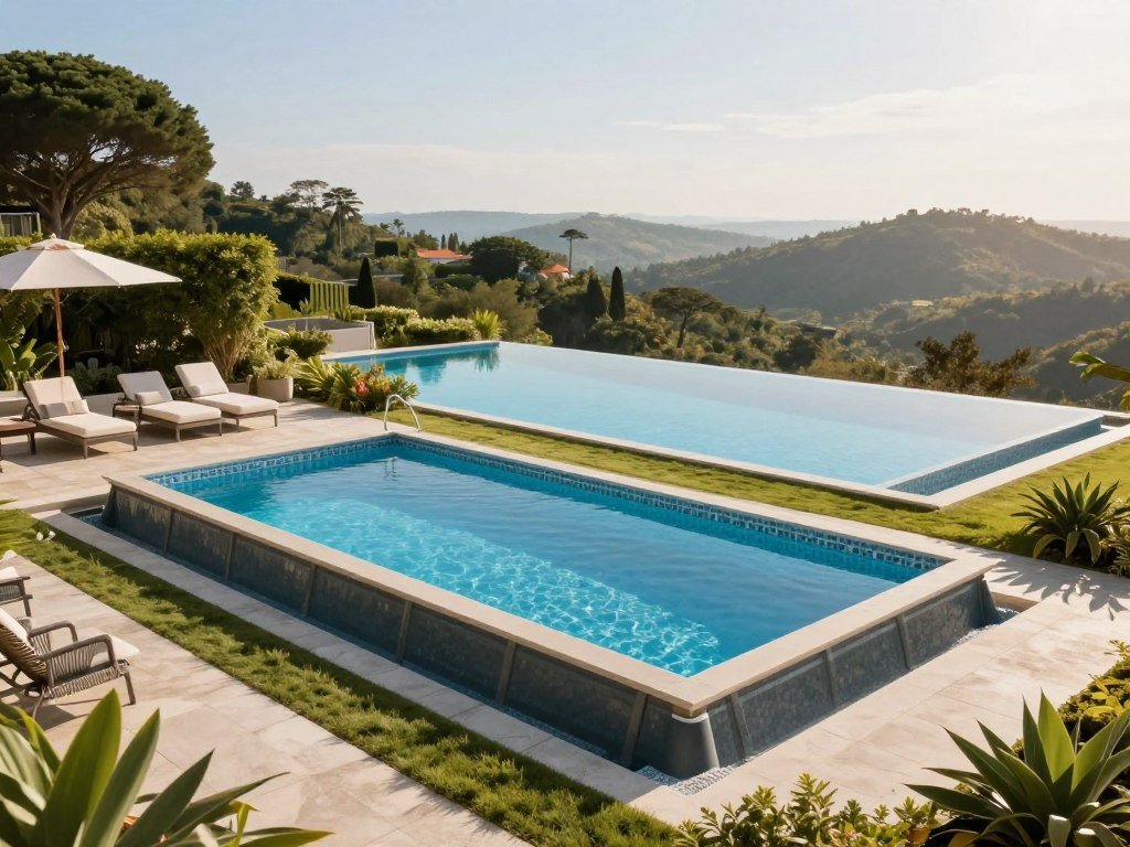 A serene landscape featuring a variety of swimming pool types to illustrate the fundamentals of pool installation. In the foreground, a modern above-ground pool with a sleek design is surrounded by lush greenery and elegant patio furniture. In the middle ground, a classic in-ground rectangular pool glistens under the bright sun, complete with tasteful mosaic tiles and a sun deck lined with comfortable loungers. In the background, a luxurious infinity pool overlooks a picturesque hillside, reflecting the clear blue sky. Soft, natural lighting illuminates the scene, creating a warm and inviting ambiance. The angle should provide a comprehensive view of the different pool styles while maintaining a cohesive composition, emphasizing the beauty and functionality of each type. new windsor custom pool builders