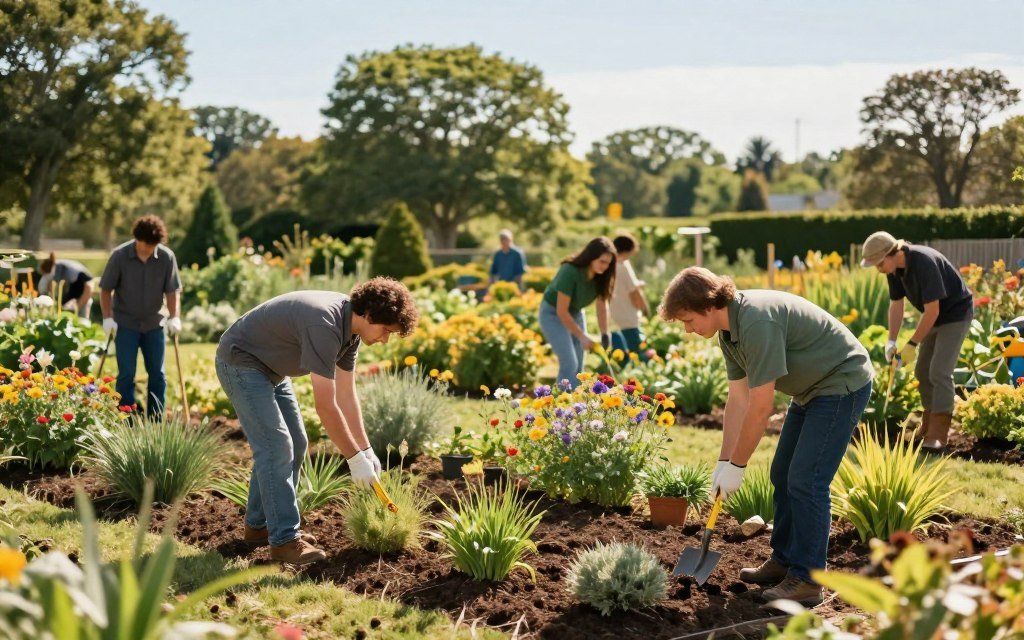 A vibrant landscape maintenance scene featuring a team of professional landscapers in modest casual clothing. In the foreground, they are carefully assessing the soil and existing plants, using tools like spades and measuring tapes. The middle ground showcases a variety of native plants, including colorful wildflowers and shrubs, arranged thoughtfully in a sunny garden plot. In the background, lush trees and a clear blue sky create a serene backdrop. Soft, warm sunlight bathes the scene, enhancing the natural colors and details. The atmosphere is calm and focused, conveying a sense of purposeful work while promoting sustainable landscaping practices. The focus is on assessing conditions for future plantings, capturing the essence of responsible landscape management. Include a subtle representation of commercial landscaping companies near me in the context.