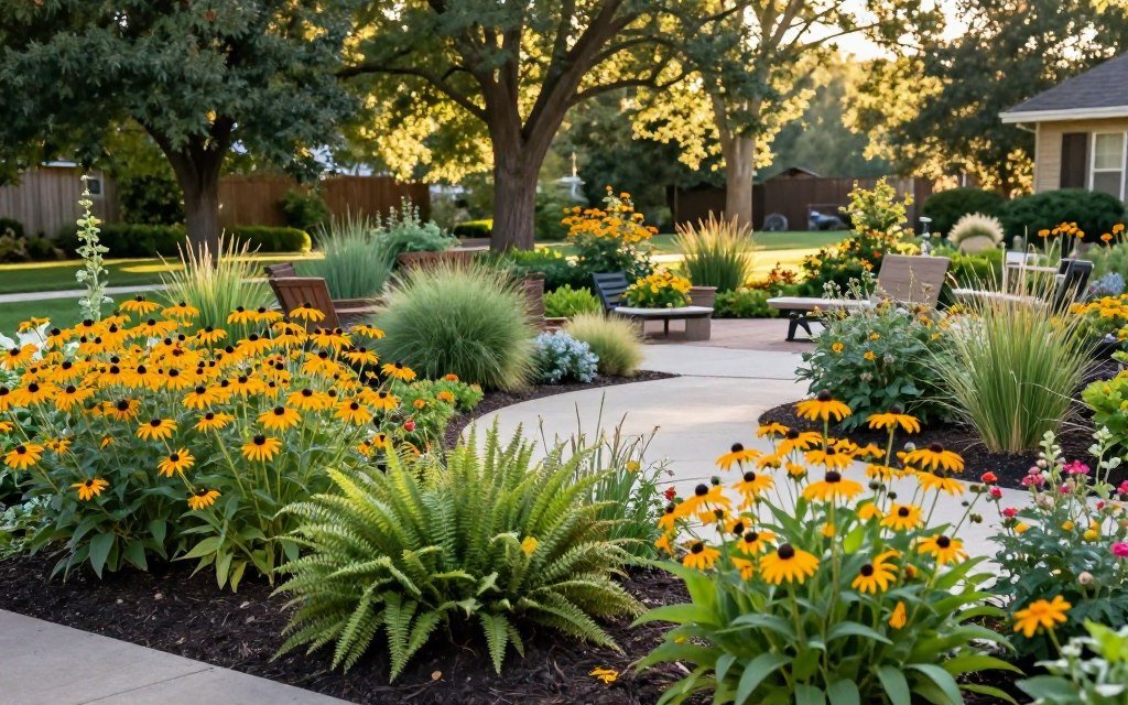 A vibrant scene showcasing a variety of native plants suitable for sustainable landscaping in a residential garden setting. In the foreground, colorful wildflowers such as Black-eyed Susans and Coneflowers flourish, interspersed with ferns and ornamental grasses, showcasing biodiversity. In the middle ground, a well-maintained pathway leads to a small gathering area, surrounded by native shrubs, providing a natural habitat for local wildlife. The background features a softly blurred tree line with mature native trees, casting dappled sunlight over the garden. The lighting is warm and inviting, evoking a peaceful morning atmosphere. Use a wide-angle lens to capture the expansive view while maintaining focus on the rich textures and colors of the plants, highlighting the essence of sustainable landscaping practices supported by commercial landscaping companies near me.