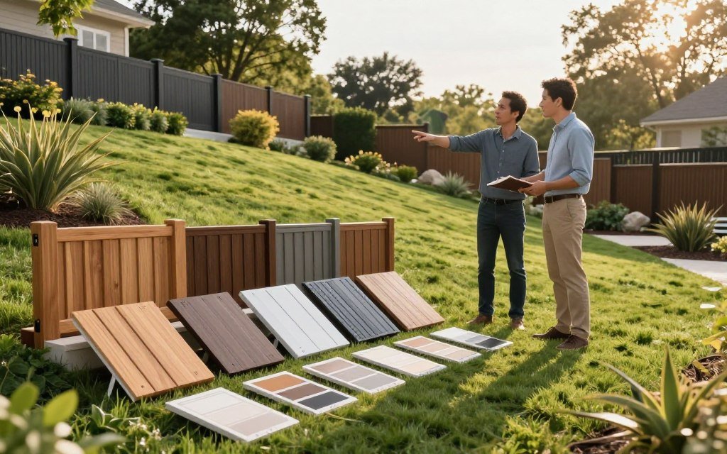 A professional landscape designer stands on a gently sloping yard, carefully evaluating various fencing options. In the foreground, a selection of wooden, vinyl, and metal fence samples are laid out on a grassy patch, with color swatches for added detail. The middle ground features the designer discussing the potential fencers with a client, both dressed in smart casual clothing, as they point towards the sloped terrain. In the background, serene trees and low-maintenance shrubs outline the yard, while a soft afternoon sunlight casts gentle shadows, creating a warm and inviting atmosphere. The image captures a professional yet relaxed mood, highlighting the thoughtful process of selecting the right fencing for a sloped yard project.